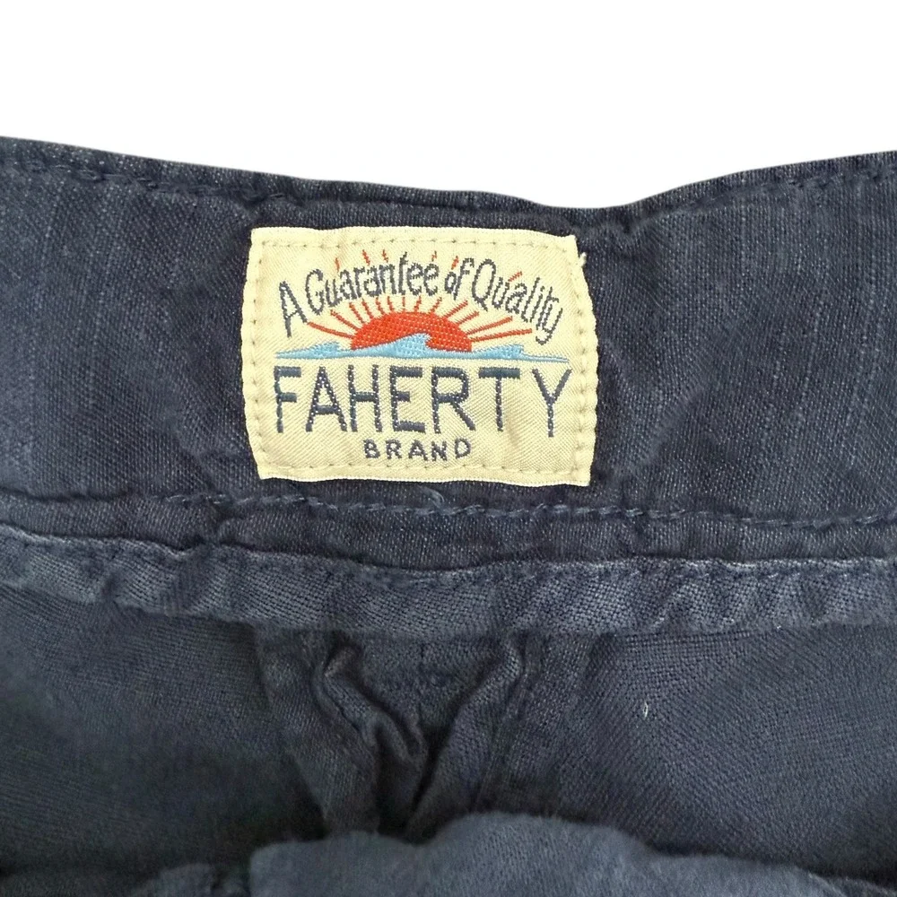 Faherty‎ Men's Shorts Blue Linen Chino Flat Front Size 35 Coastal Nautical Beach
